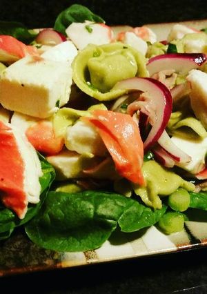 A picture of Imitation crab meat and tortellini salad.