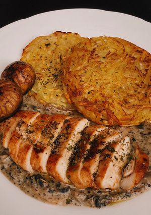 Foto resep Rosti with chicken truffle mushroom sauce