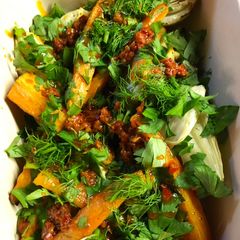 A picture of Roast carrot and fennel with harissa - vegan.