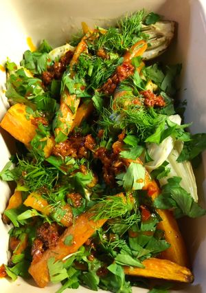 A picture of Roast carrot and fennel with harissa - vegan.