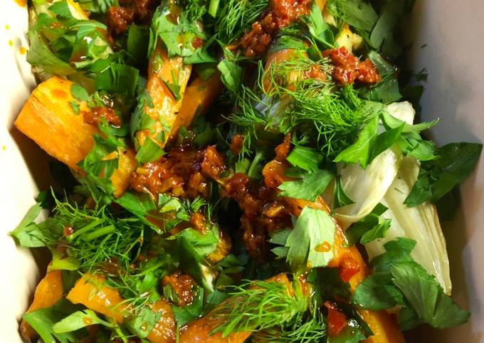 Roast carrot and fennel with harissa - vegan
