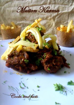 A picture of Mutton Kurma with Crispy french fries.