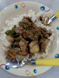 A picture of White rice with beef soup.