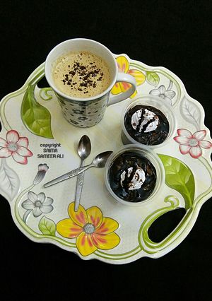 A picture of Eggless Chocolate Pudding With a cup of Cappuccino.
