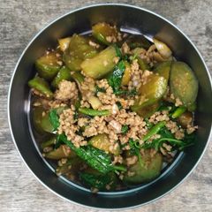 Stir-fried Eggplant with Minced Pork and Sweet Basil A picture of Stir-fried Eggplant with Minced Pork and Sweet Basil.