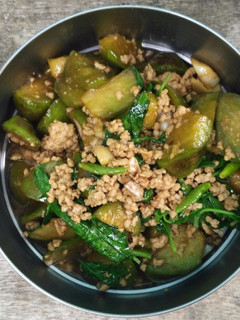A picture of Stir-fried Eggplant with Minced Pork and Sweet Basil.