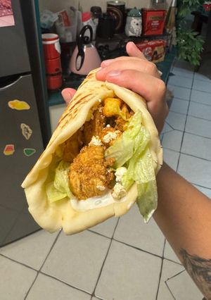 A picture of Chicken Shawarma with homemade garlic herb yoghurt sauce.