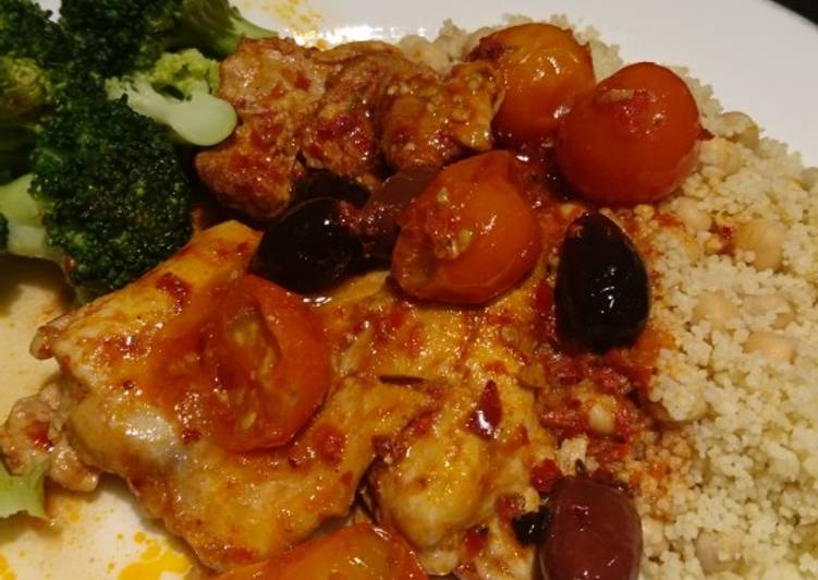 Steps to Make Speedy Harissa chicken with olives and tomatoes