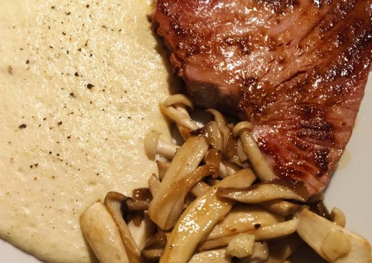 Atún con crema de puerros y setas salteadas