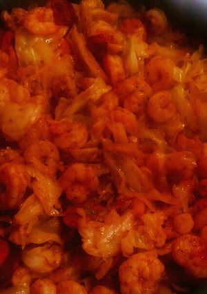 A picture of Fried Cabbage w/ shrimp & sausage.