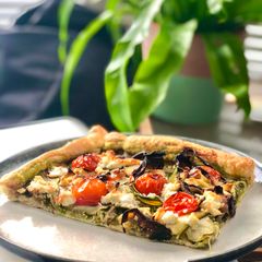 A picture of Spring Pesto, Veg and Feta Tart.