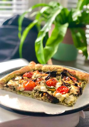 A picture of Spring Pesto, Veg and Feta Tart.