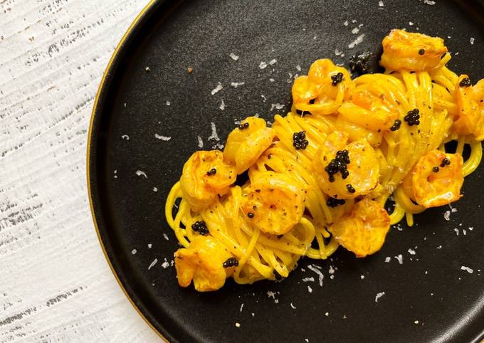 Creamy curry prawn spaghetti with Beluga caviar Recipe by Chef Dali -  Cookpad