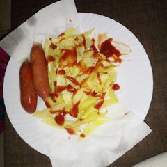 A picture of Homemade fries and Smokies.