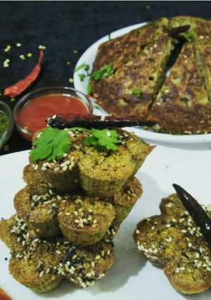 A picture of Moong dal handvo and handvo muffins.