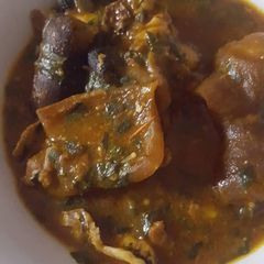 Ogbono soup with pomo A picture of Ogbono soup with pomo.
