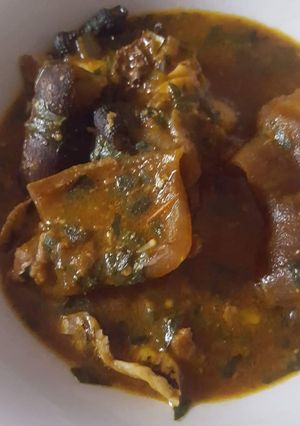 A picture of Ogbono soup with pomo.