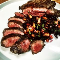 A picture of Grilled Wagyu Flat Iron Steak with Cherry & Peach Salsa.