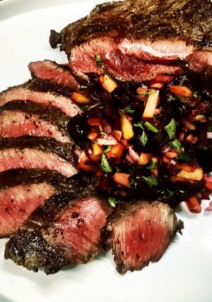 A picture of Grilled Wagyu Flat Iron Steak with Cherry & Peach Salsa.