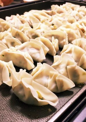 A picture of 100 Homemade Vegetable-Filled Pan-Fried Gyoza.