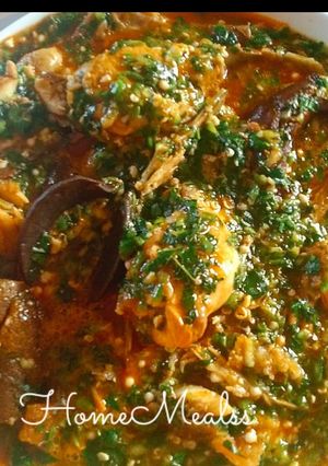 A picture of Okro n ugu soup.