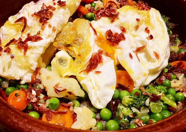 Menestra de verduras, huevos rotos y jamón ibérico 😱😱😱