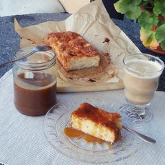 A picture of Pear cake with salted caramel sauce.
