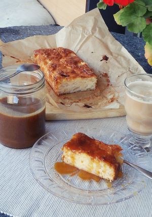 A picture of Pear cake with salted caramel sauce.