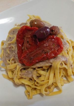 A picture of Egg Fettuccine with Olive and Sun-Dried Tomato Pesto.