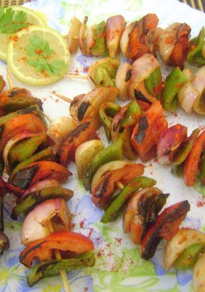 A picture of Pan Fried veggie Kebabs.