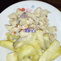 A picture of Fried sweet potato and milk scrambled eggs #Abuja#.
