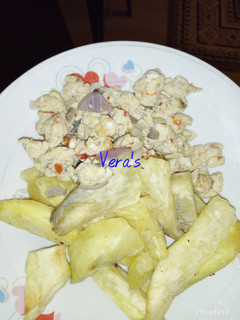 A picture of Fried sweet potato and milk scrambled eggs #Abuja#.