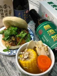三杯四神祭五臟：酒釀三杯刈包、蔬菜四神湯 的食譜成品照片