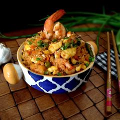 Butter Garlic prawn with Schezwan fried rice A picture of Butter Garlic prawn with Schezwan fried rice.