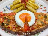 Tosta de Pisto Manchego, Huevo plancha & Bastones de Patata al horno