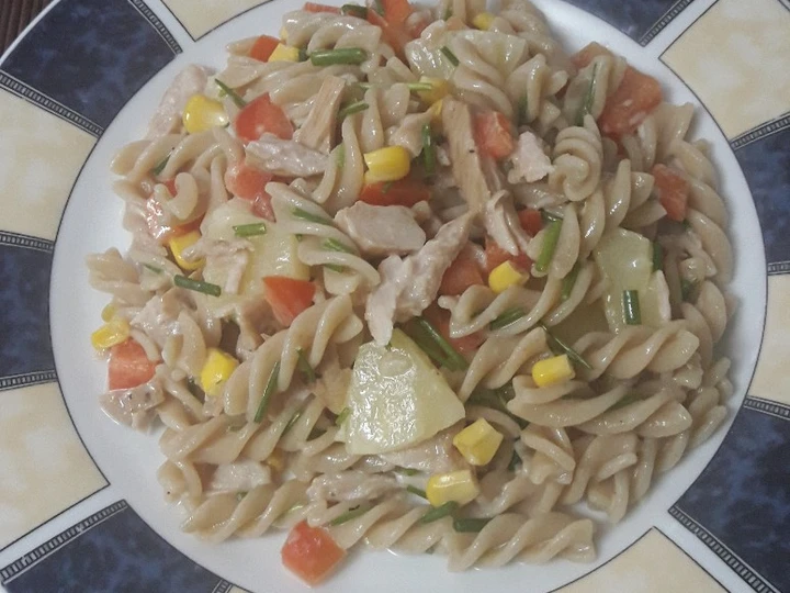 Pasos sencillos para Hacer Ensalada de pasta con pollo y fruta  que Delicioso