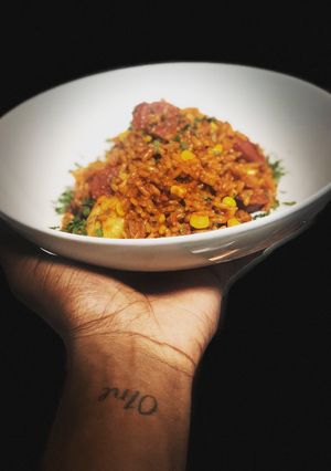A picture of Chorizo and Prawns Paella.