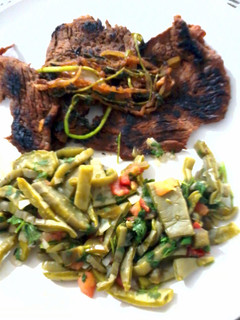 A picture of steak and cactus.