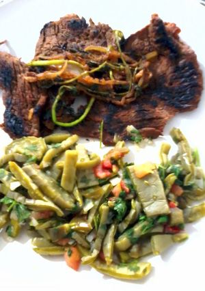 A picture of steak and cactus.