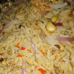 A picture of Jollof rice and beans.