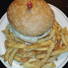 A picture of Chicken Burger (Homemade Patties) With Fries.