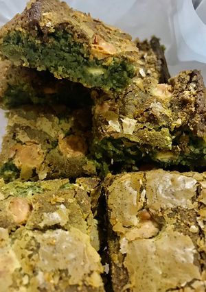 A picture of Matcha white choc soft & gooey brownies.