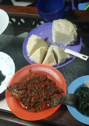 A picture of Ugali fish and sukuma# vegetable contest.