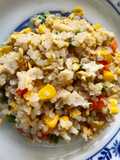 ข้าวบุกนุ่มผัดปู ผักสามสี ไข่ดาวน้ำ คลีน
