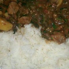 A picture of Beef Stew served with Rice.