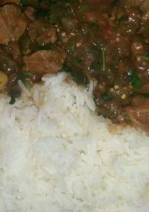 A picture of Beef Stew served with Rice.