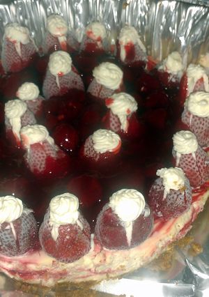 A picture of New York Style Strawberry Cheesecake.