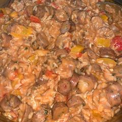 A picture of Asiago chicken sausage and peppers with rice skillet.