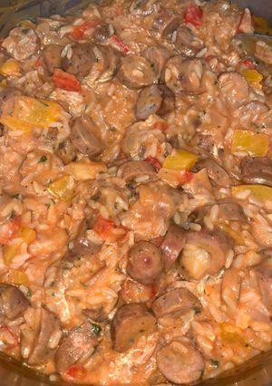 A picture of Asiago chicken sausage and peppers with rice skillet.