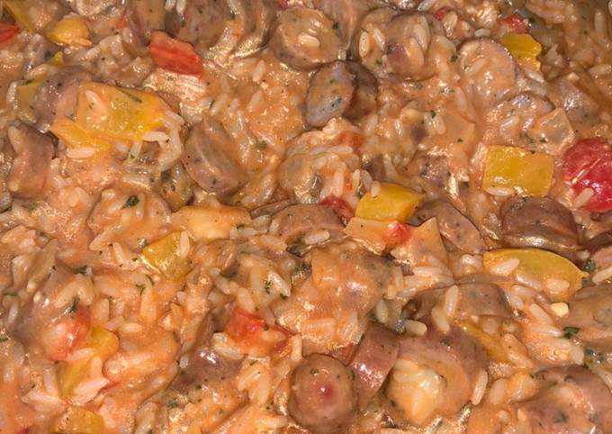 Recipe of Ultimate Asiago chicken sausage and peppers with rice skillet